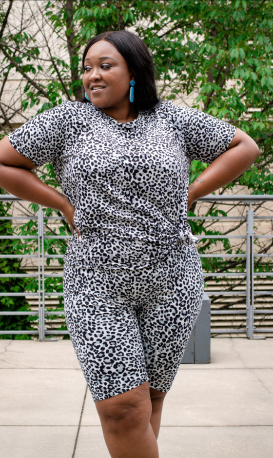 Plus Size- Basic 2pc Short Set- Grey Leopard