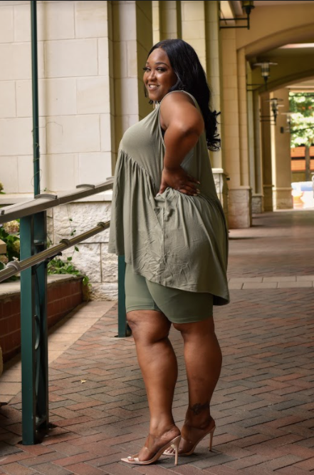 Olive Cotton Biker Short Set-Plus Size