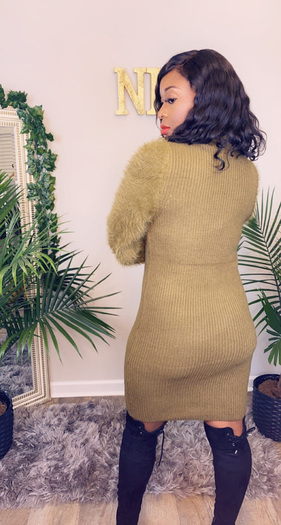 Classic Fuzzy Sweater Dress-Olive