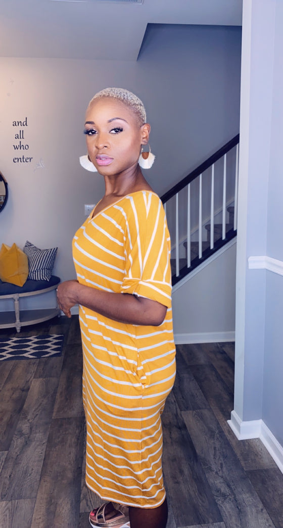 Olivia V-Neck-T-Shirt Striped Dress- Mustard